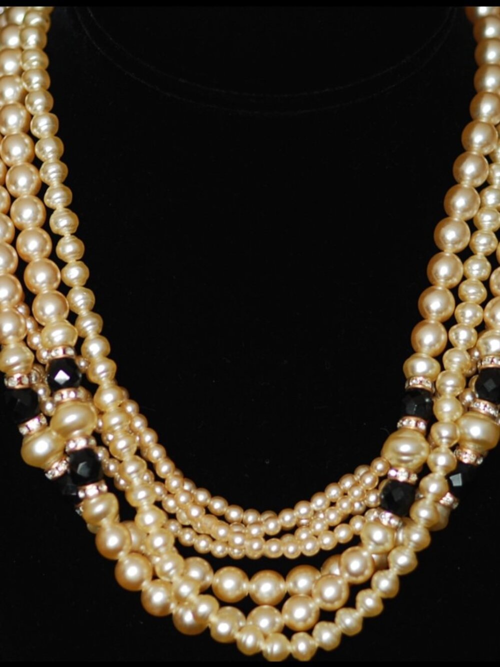 1960's Seven Strand Faux Pearl, MOP, & Faceted Black Beads Statement Necklace